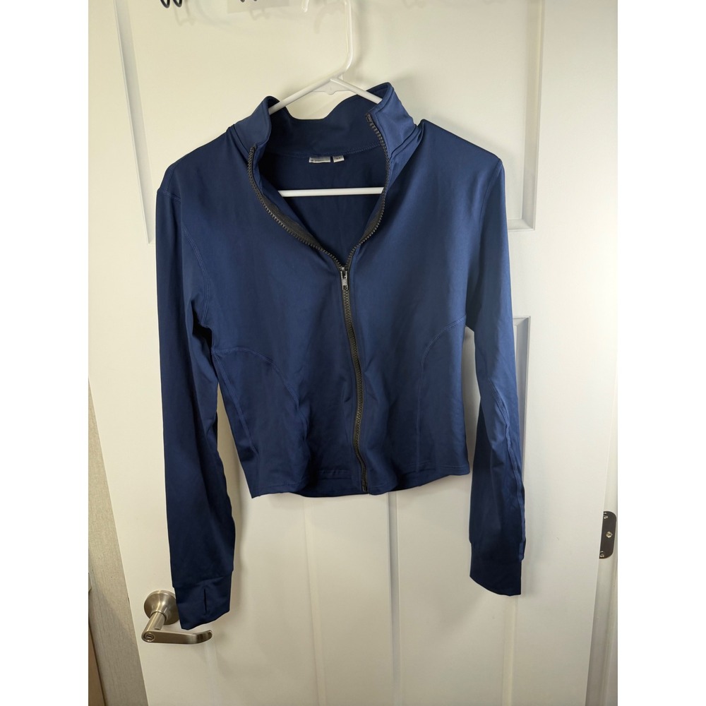 Fashion Navy Blue Full Zip Athletic Jacket Thumbhole Mock Neck women size M